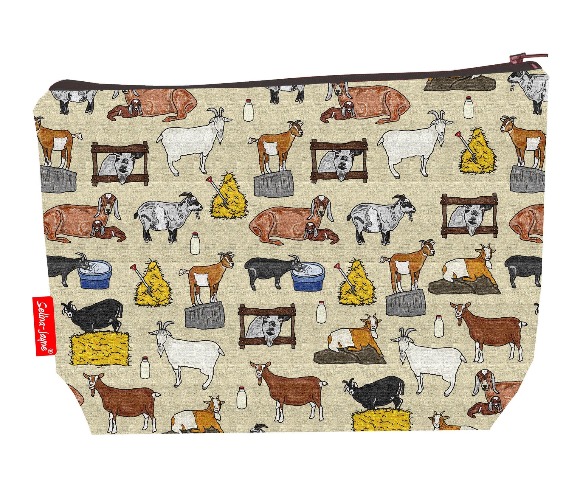 Goats toiletry bag with farm animal design showing washable lining and zip detail