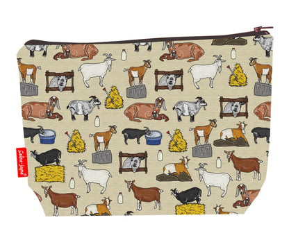Goats toiletry bag with farm animal design showing washable lining and zip detail