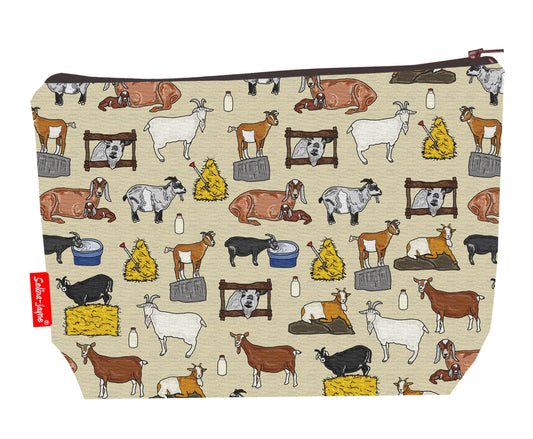 Goats toiletry bag with farm animal design showing washable lining and zip detail