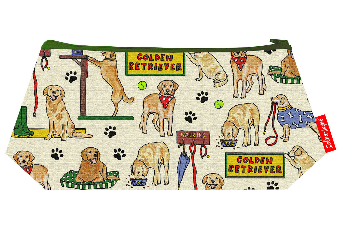 Premium Golden Retriever makeup bag featuring wipe-clean lining and colourfast HD print, perfect dog lover gift