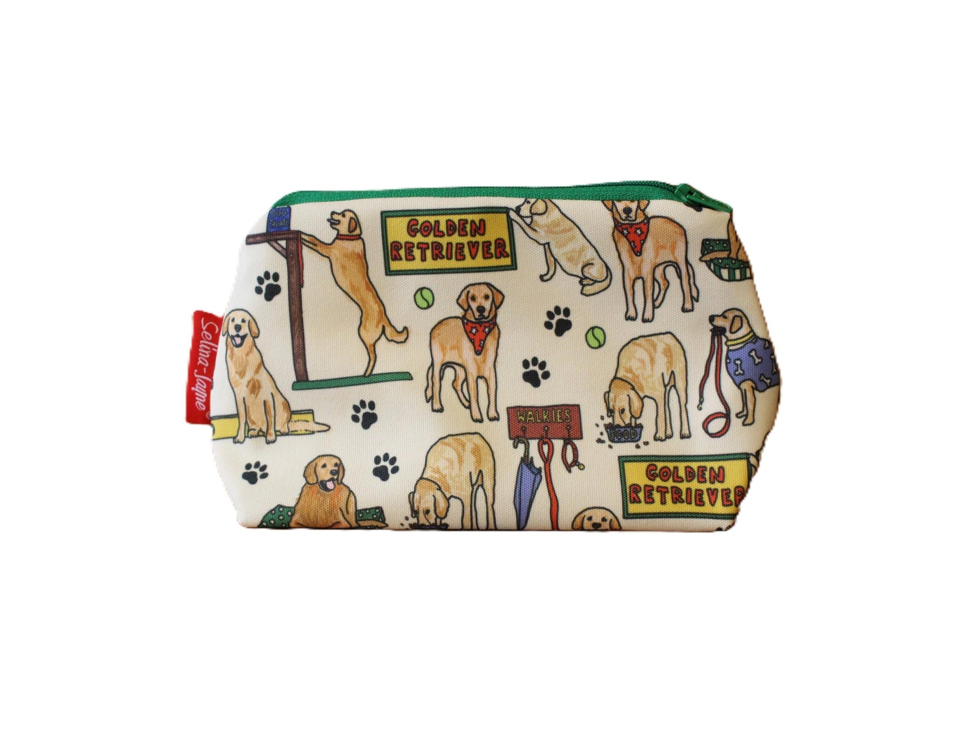 Golden Retriever cosmetic bag with vibrant dog illustration on durable polyester fabric with colour-coordinated zipper