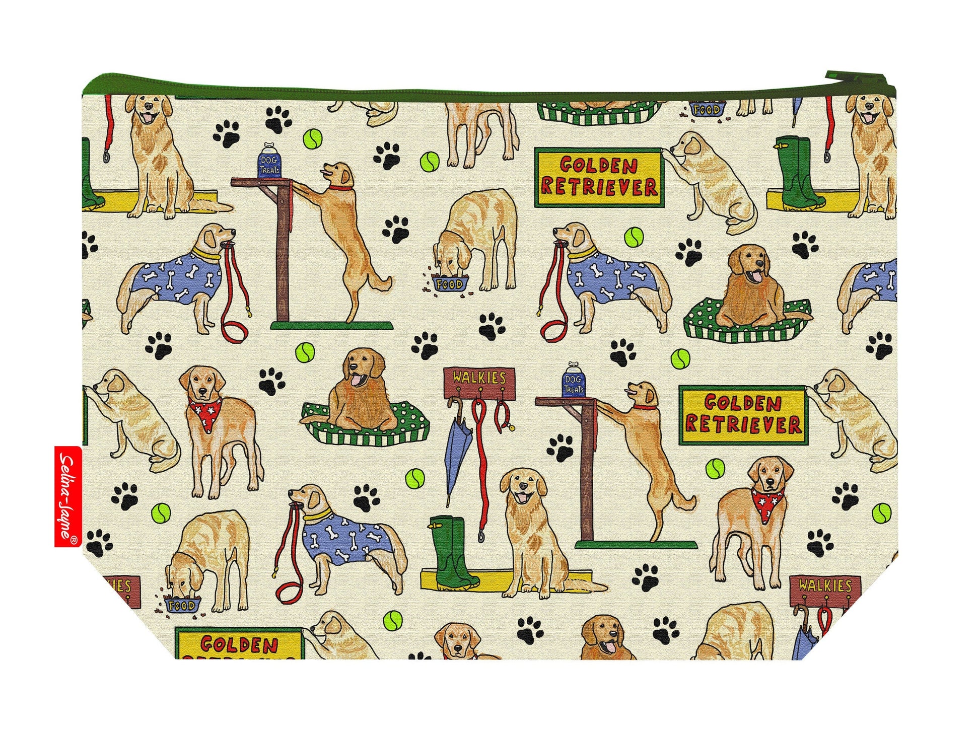 Golden Retriever toiletry bag with dog breed design showing washable lining and zip detail