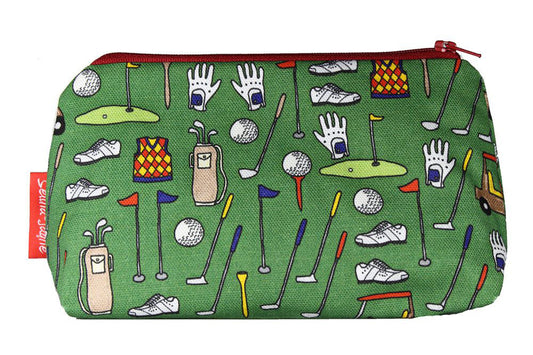 Golf cosmetic bag with sport-themed illustration on durable polyester fabric with colour-coordinated zipper