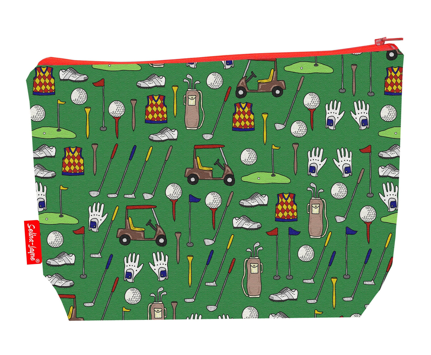 Golf toiletry bag with sports design showing washable lining and zip detail
