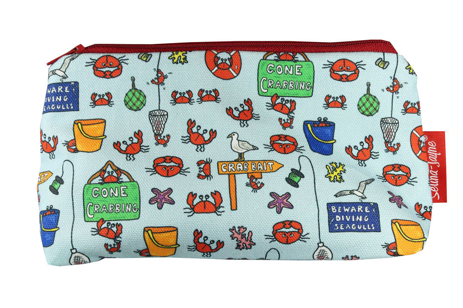 Premium Gone Crabbing makeup bag featuring wipe-clean lining and colourfast HD print, perfect seaside gift