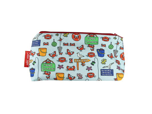 Gone Crabbing cosmetic bag with seaside-themed illustration on durable polyester fabric with colour-coordinated zipper
