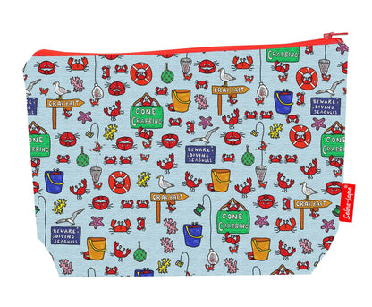 Gone crabbing toiletry bag with seaside design showing washable lining and zip detail