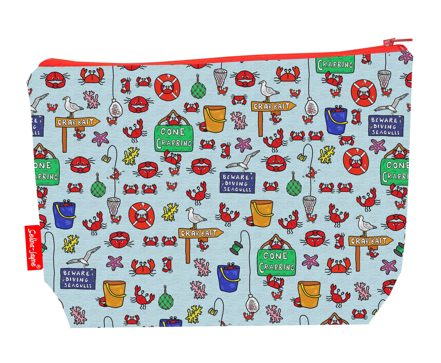 Gone crabbing toiletry bag with seaside design showing washable lining and zip detail