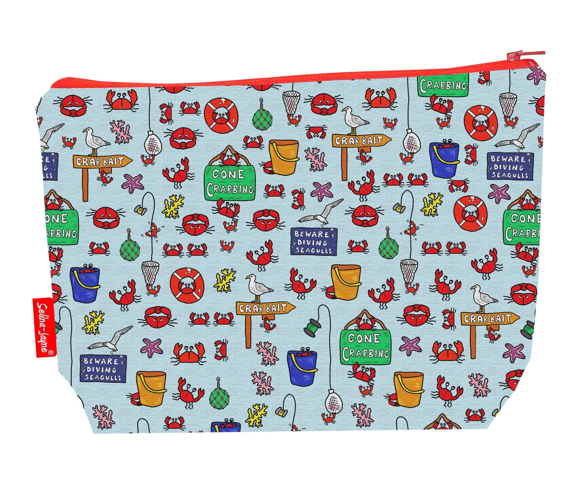 Gone crabbing toiletry bag with seaside design showing washable lining and zip detail