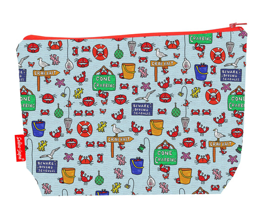 Gone crabbing toiletry bag with seaside design showing washable lining and zip detail
