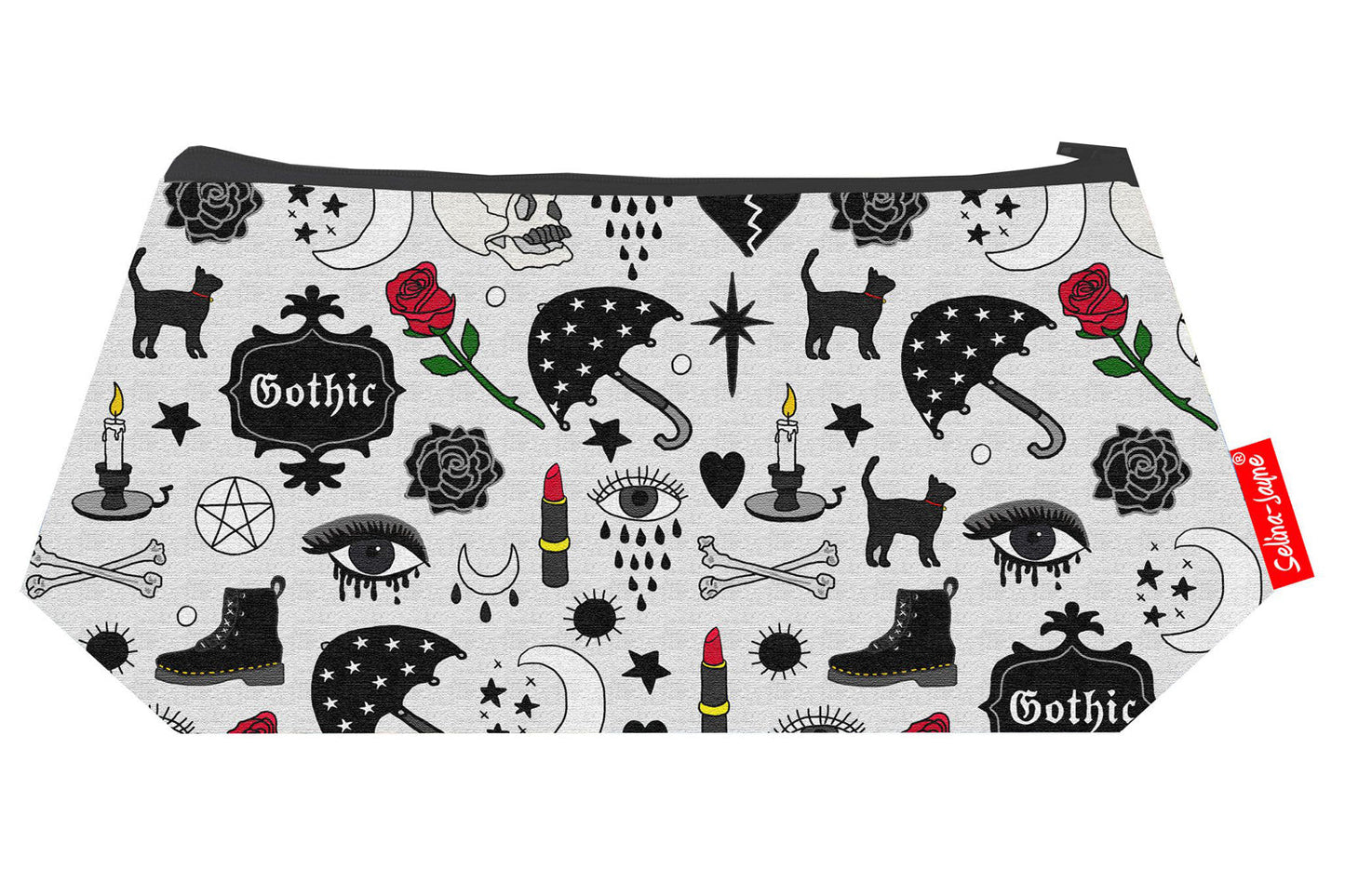 Premium Goth makeup bag featuring wipe-clean lining and colourfast HD print, perfect gift for goth style lovers