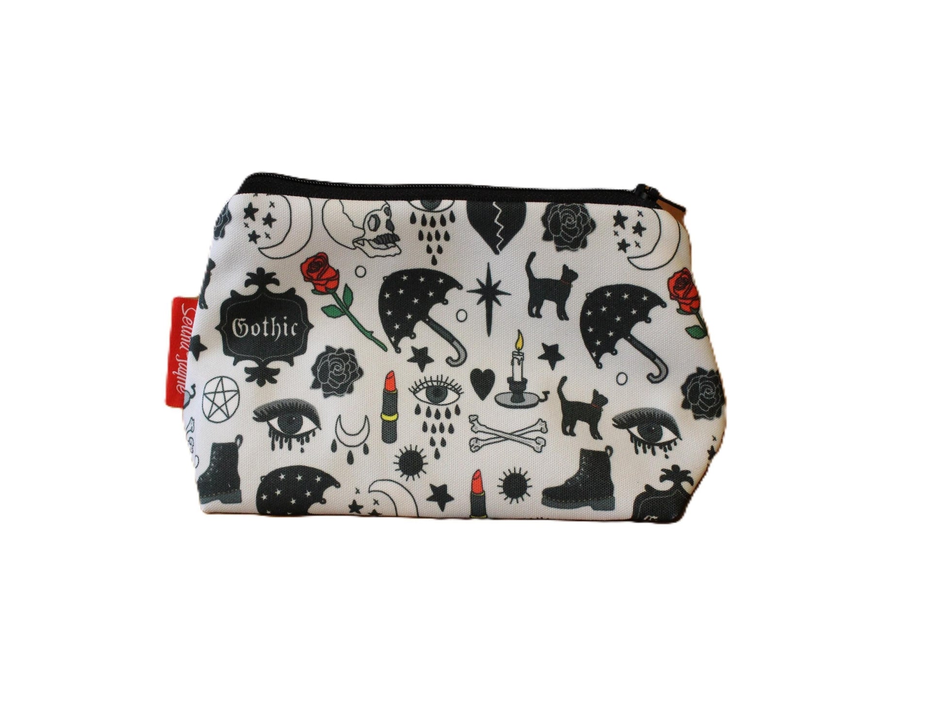 Goth cosmetic bag with alternative style illustration on durable polyester fabric with colour-coordinated zipper