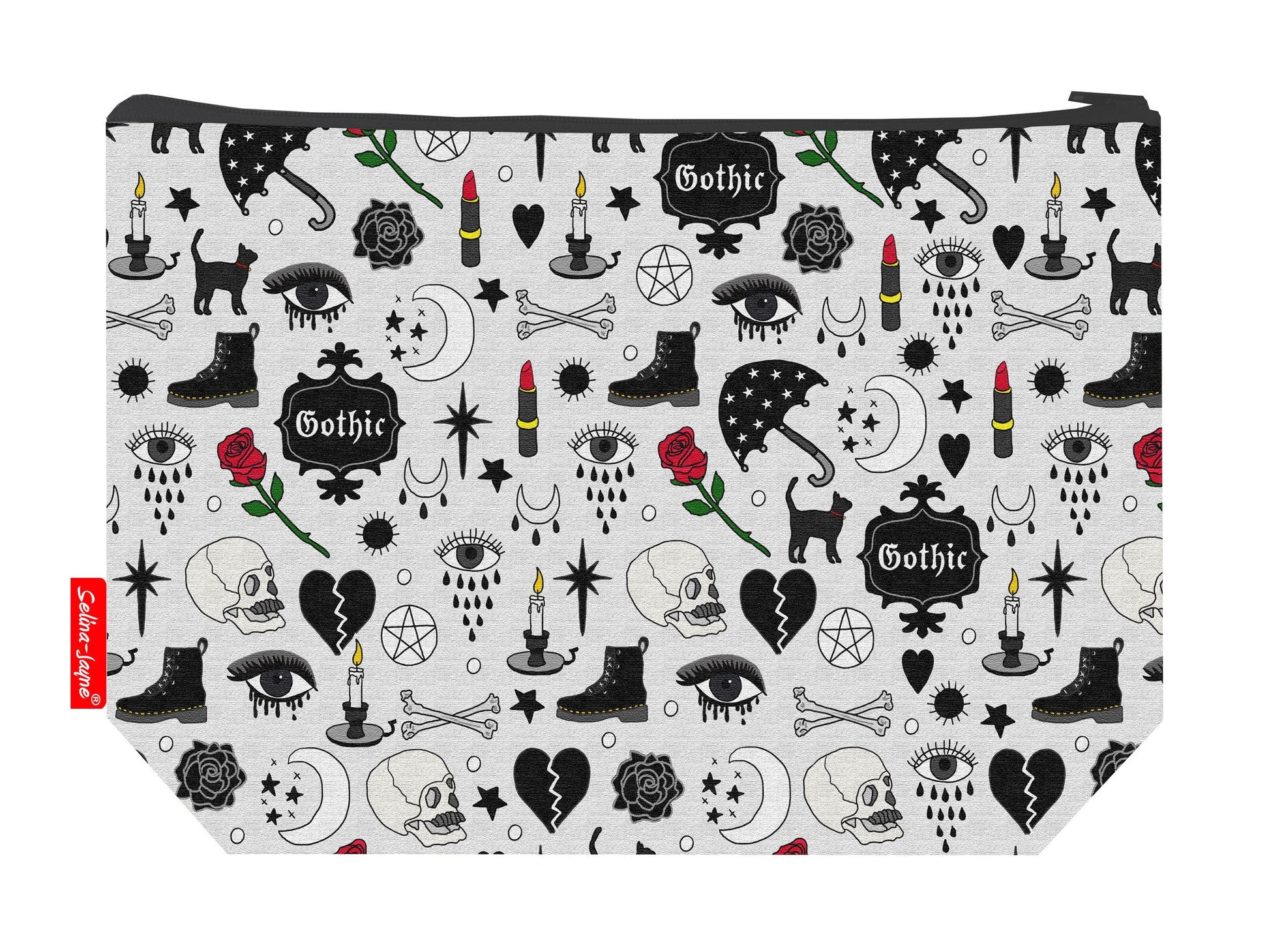 Goth toiletry bag with gothic design showing washable lining and zip detail
