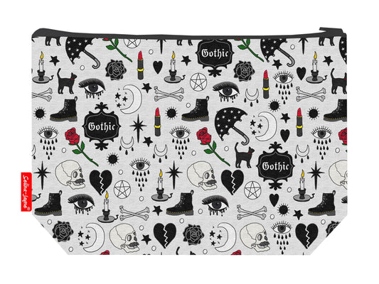 Goth toiletry bag with gothic design showing washable lining and zip detail