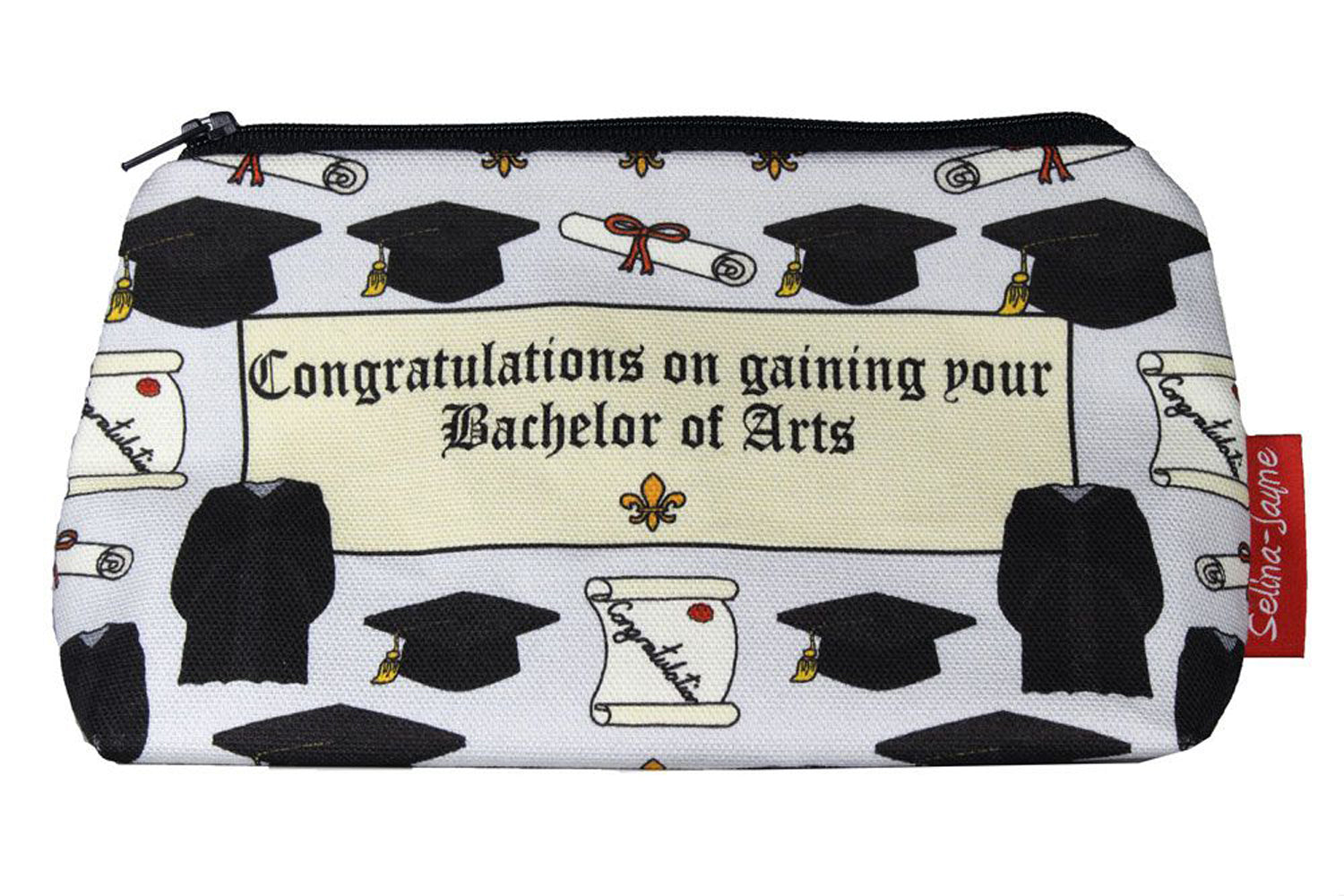 Graduation BA cosmetic bag with academic achievement illustration on durable polyester fabric with colour-coordinated zipper