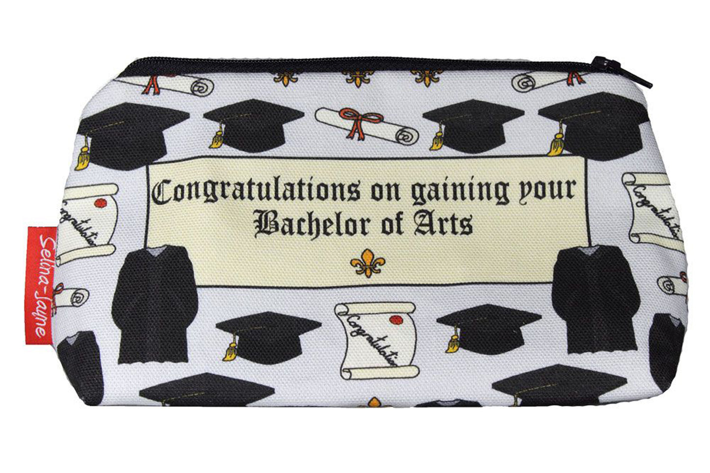 Graduation BA cosmetic bag with academic achievement illustration on durable polyester fabric with colour-coordinated zipper