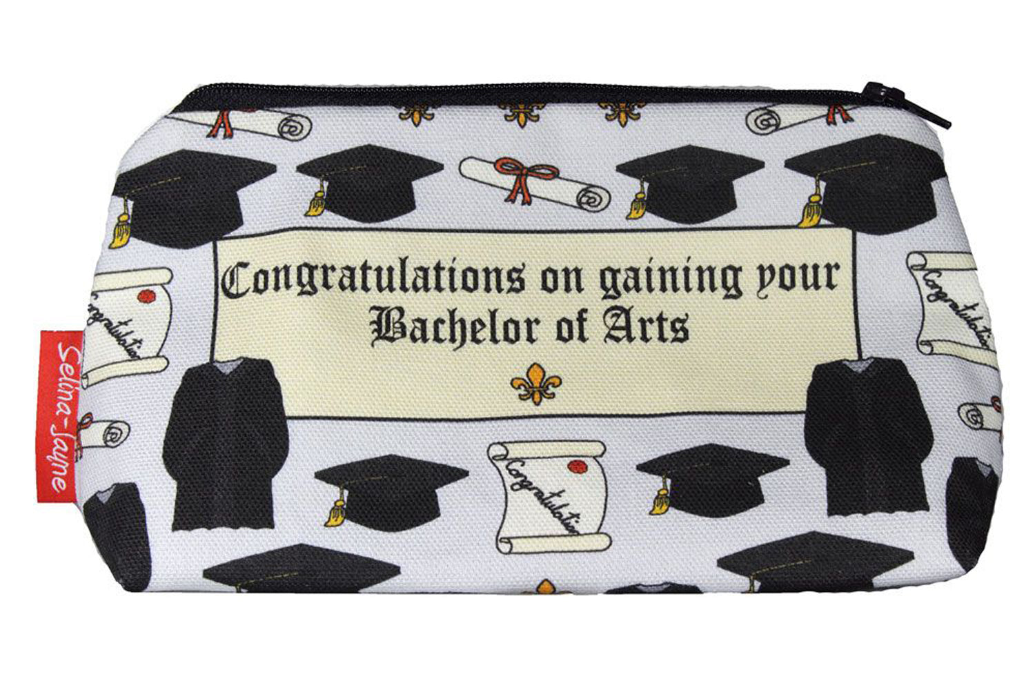 Graduation BA cosmetic bag with academic achievement illustration on durable polyester fabric with colour-coordinated zipper