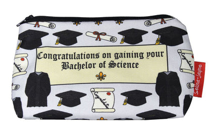 Premium Graduation BSc makeup bag featuring wipe-clean lining and colourfast HD print, perfect graduate gift