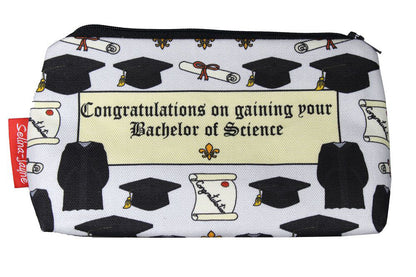 Graduation BSc cosmetic bag with academic achievement illustration on durable polyester fabric with colour-coordinated zipper