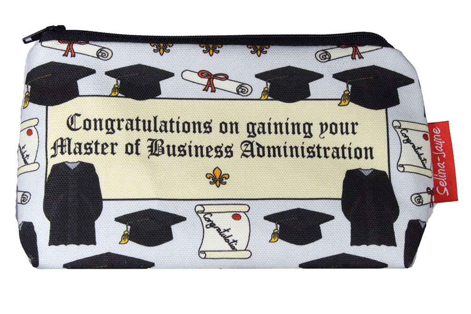 Premium Graduation MBA makeup bag featuring wipe-clean lining and colourfast HD print, perfect graduate gift