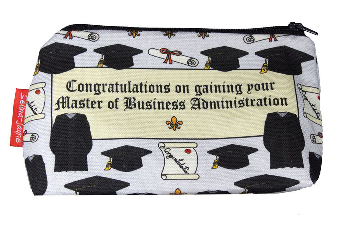 Graduation MBA cosmetic bag with business school achievement illustration on durable polyester fabric with colour-coordinated zipper