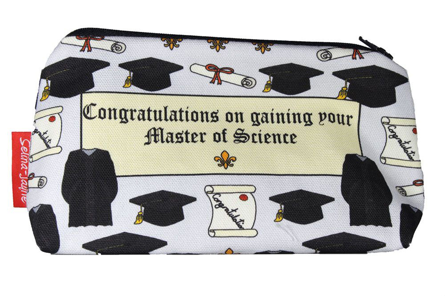 Graduation MSc cosmetic bag with postgraduate science achievement illustration on durable polyester fabric with colour-coordinated zipper