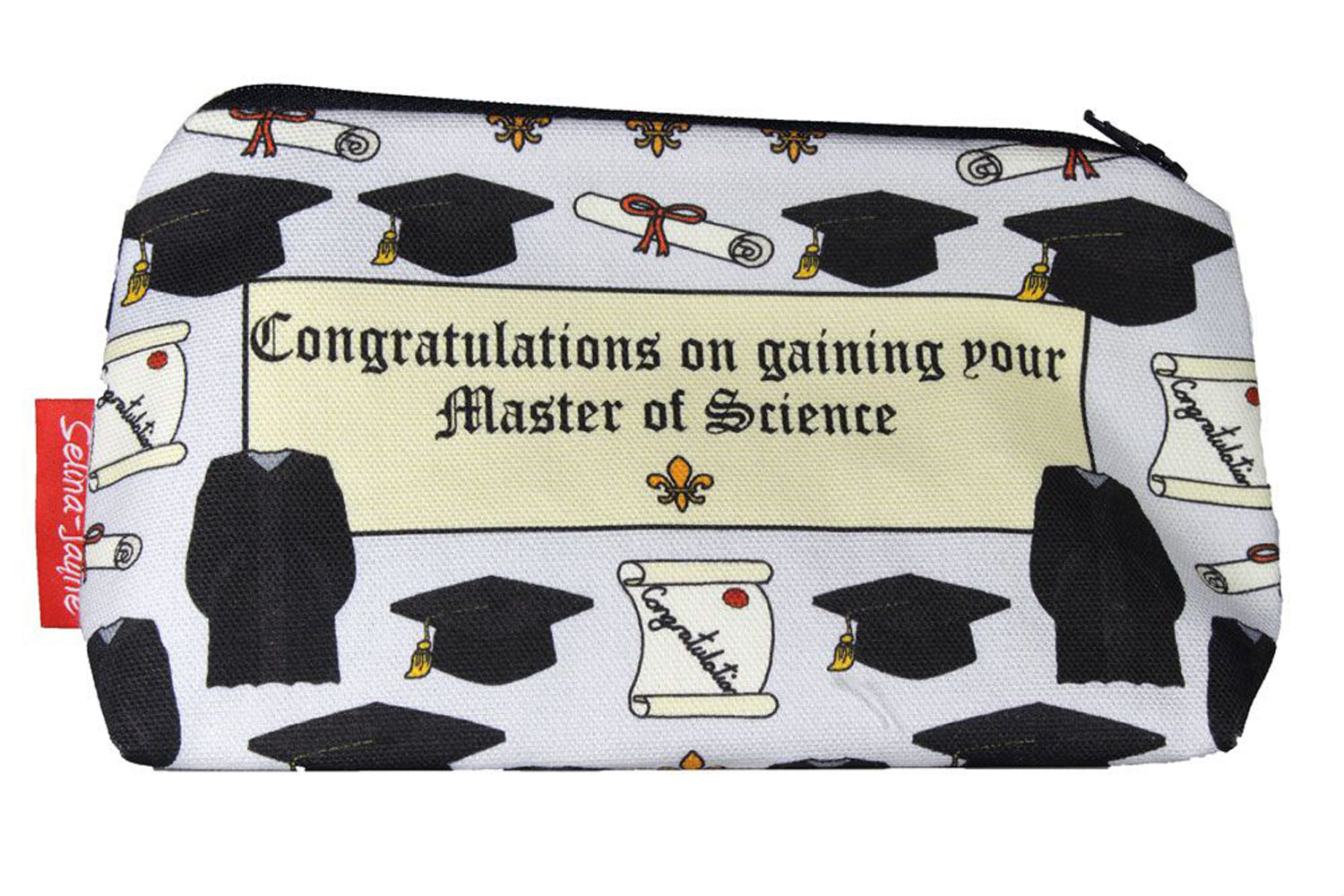 Graduation MSc cosmetic bag with postgraduate science achievement illustration on durable polyester fabric with colour-coordinated zipper