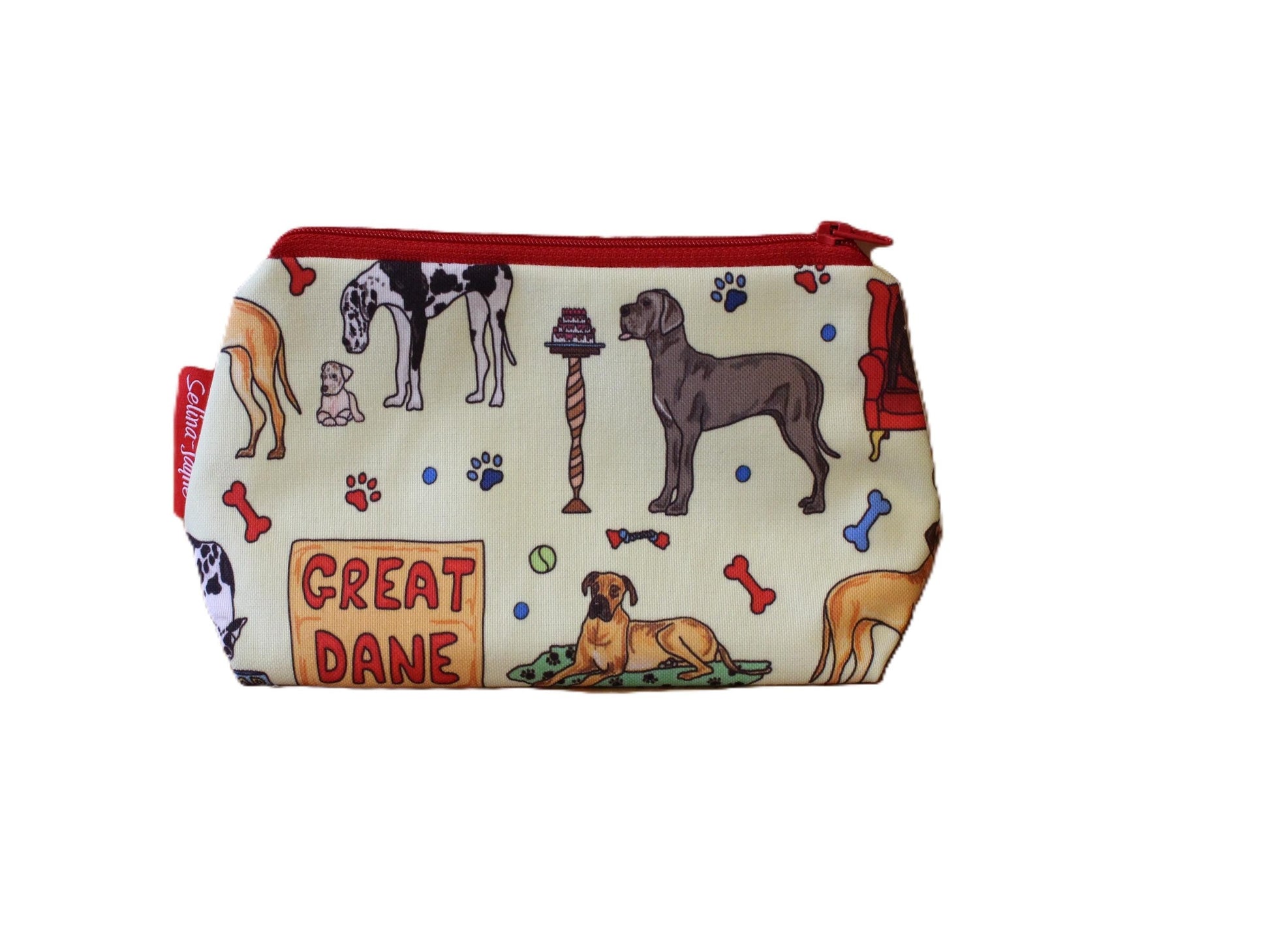 Great Dane cosmetic bag with majestic dog illustration on durable polyester fabric with colour-coordinated zipper