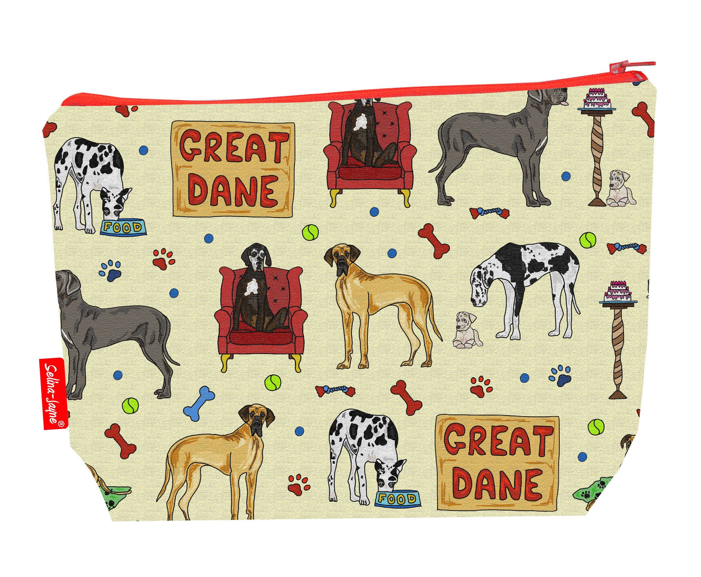 Great Dane toiletry bag with dog breed design showing washable lining and zip detail