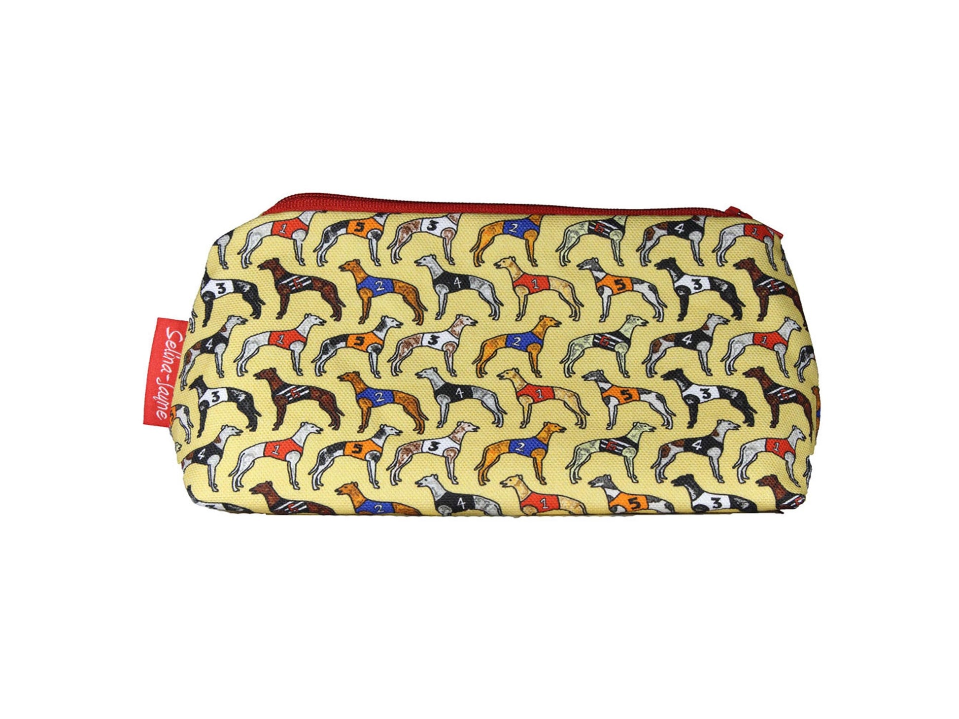Greyhounds cosmetic bag with elegant dog illustration on durable polyester fabric with colour-coordinated zipper
