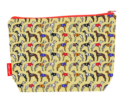 Greyhounds toiletry bag with dog breed design showing washable lining and zip detail