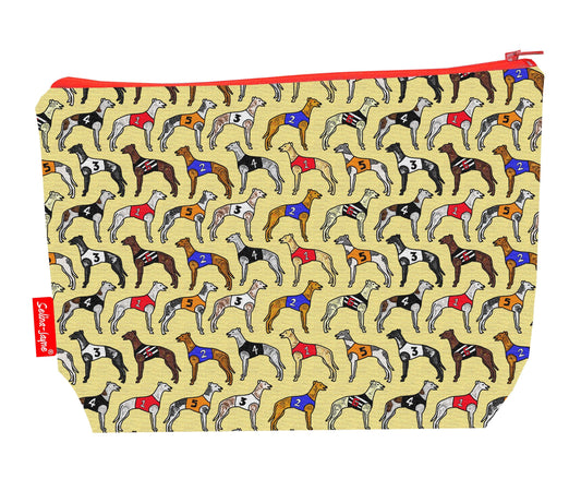 Greyhounds toiletry bag with dog breed design showing washable lining and zip detail