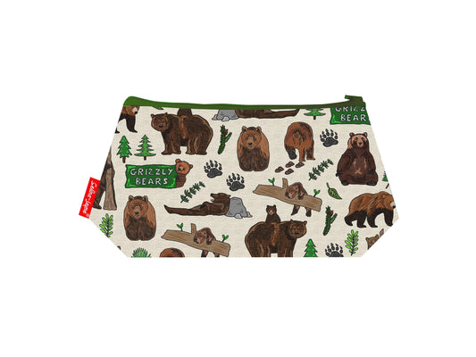 Grizzly Bears cosmetic bag with majestic wildlife illustration on durable polyester fabric with colour-coordinated zipper