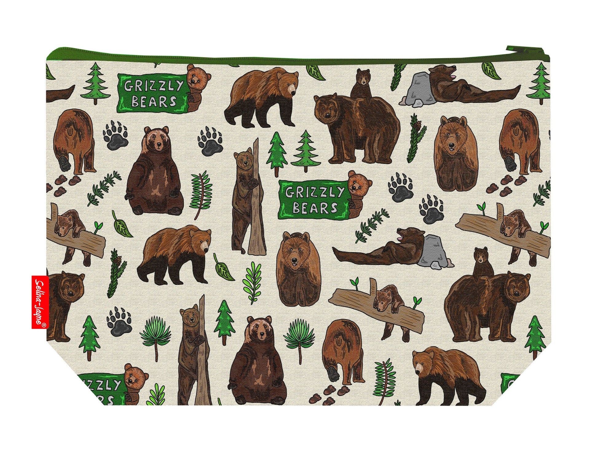 Grizzly bears toiletry bag with wildlife design showing washable lining and zip detail