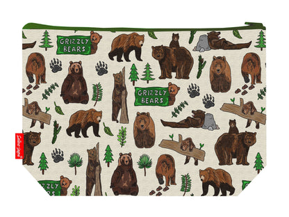 Grizzly bears toiletry bag with wildlife design showing washable lining and zip detail