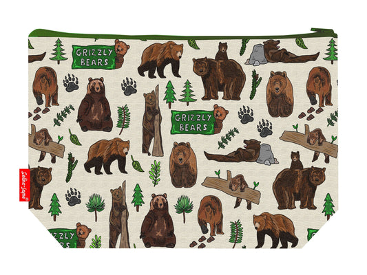 Grizzly bears toiletry bag with wildlife design showing washable lining and zip detail