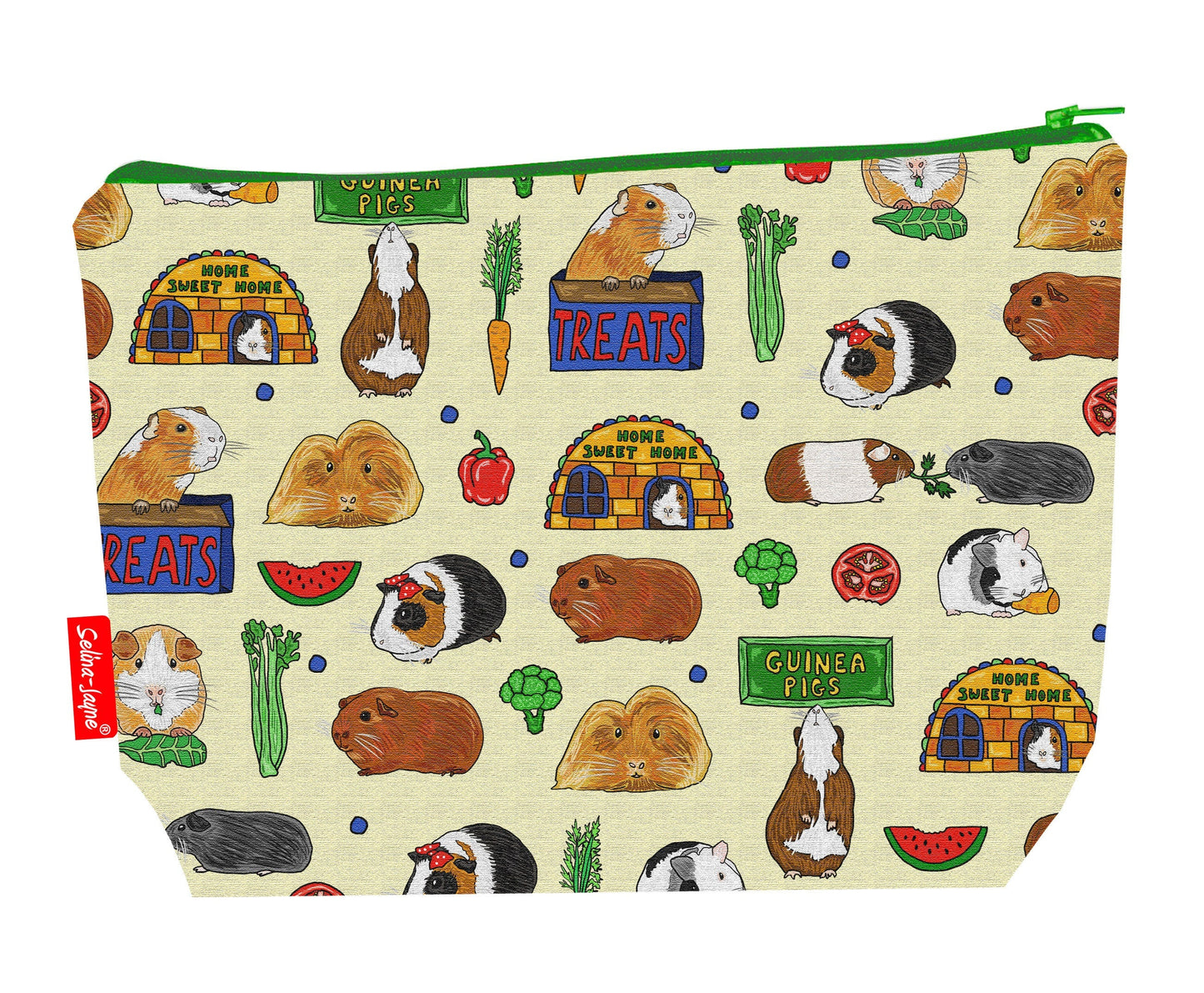 Guinea pigs toiletry bag with pet design showing washable lining and zip detail