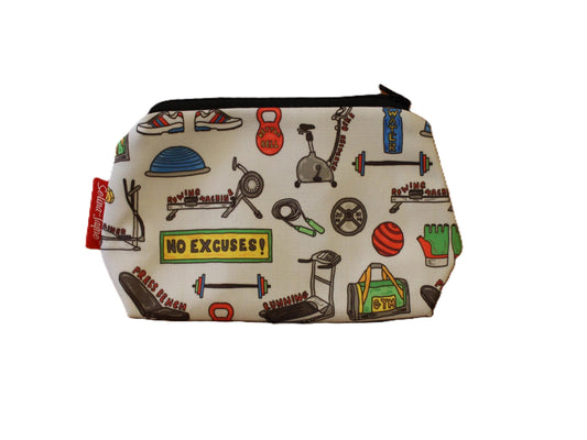 Gym cosmetic bag with fitness-themed illustration on durable polyester fabric with colour-coordinated zipper