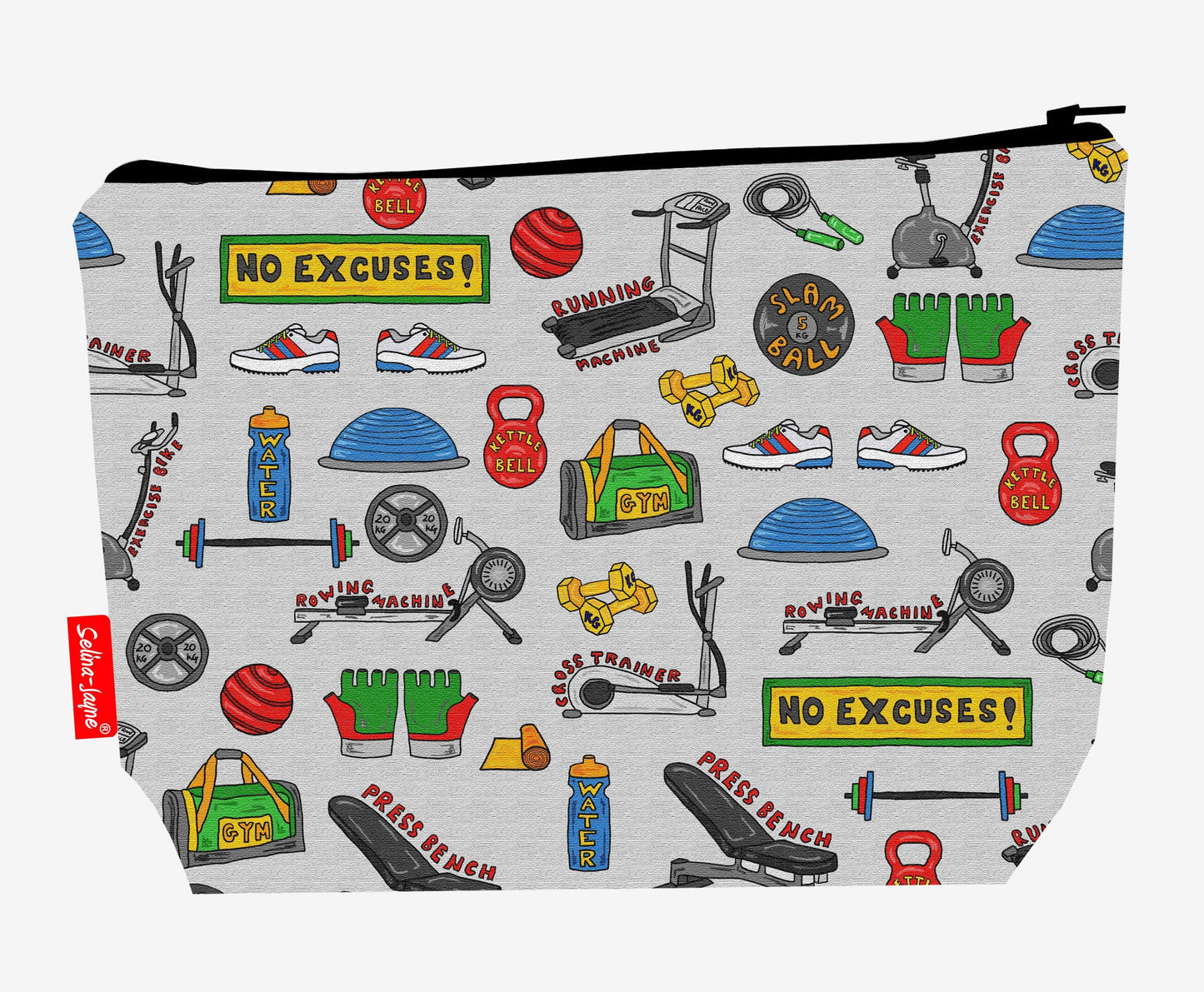 Gym toiletry bag with fitness design showing washable lining and zip detail