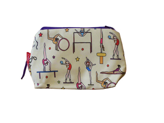 Gymnastics cosmetic bag with sport-themed illustration on durable polyester fabric with colour-coordinated zipper