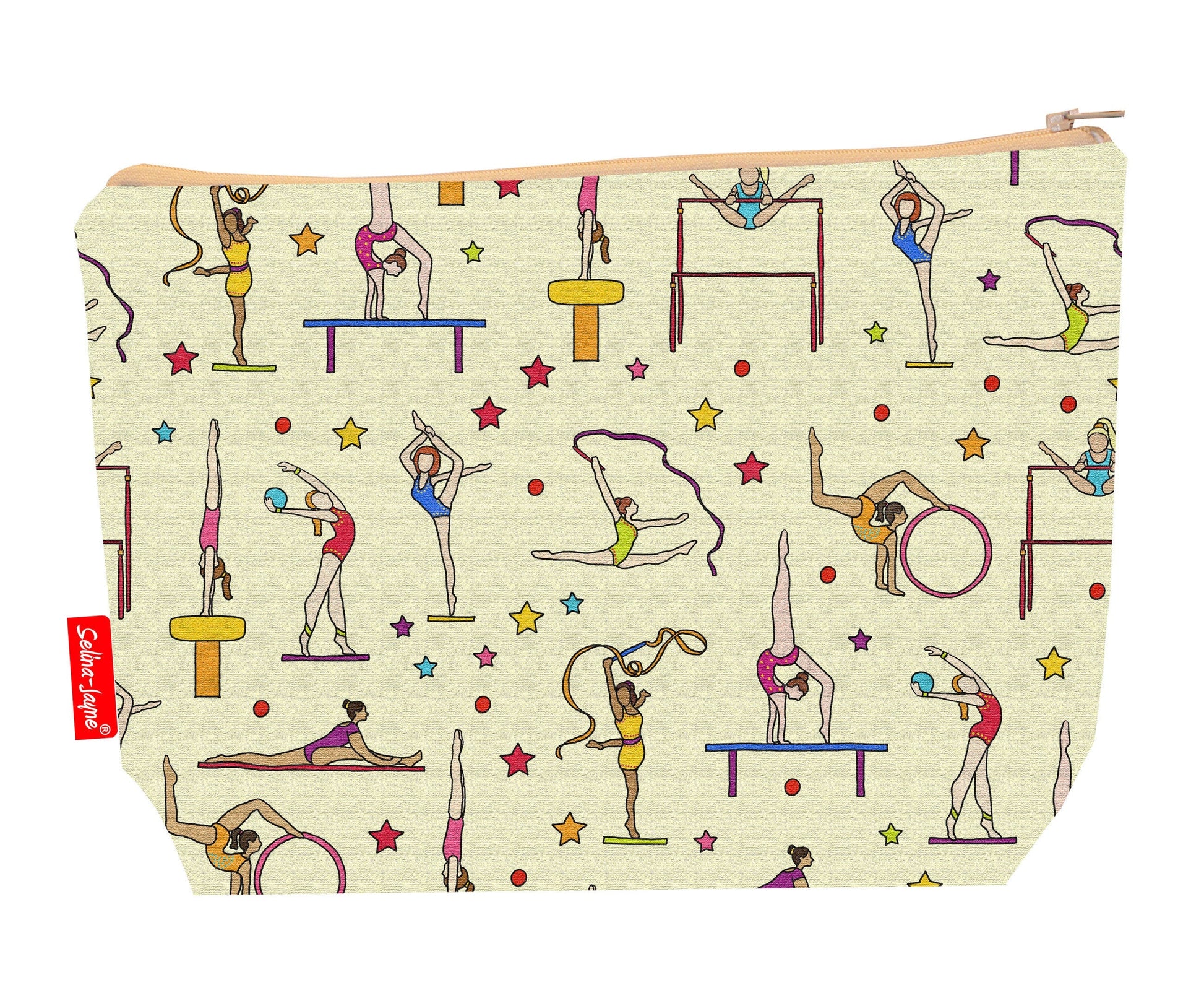 Gymnastics toiletry bag with sports design showing washable lining and zip detail