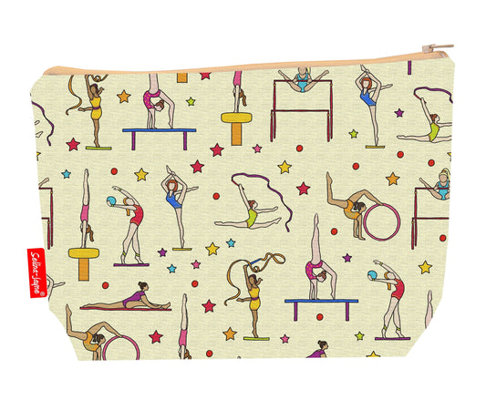 Gymnastics toiletry bag with sports design showing washable lining and zip detail