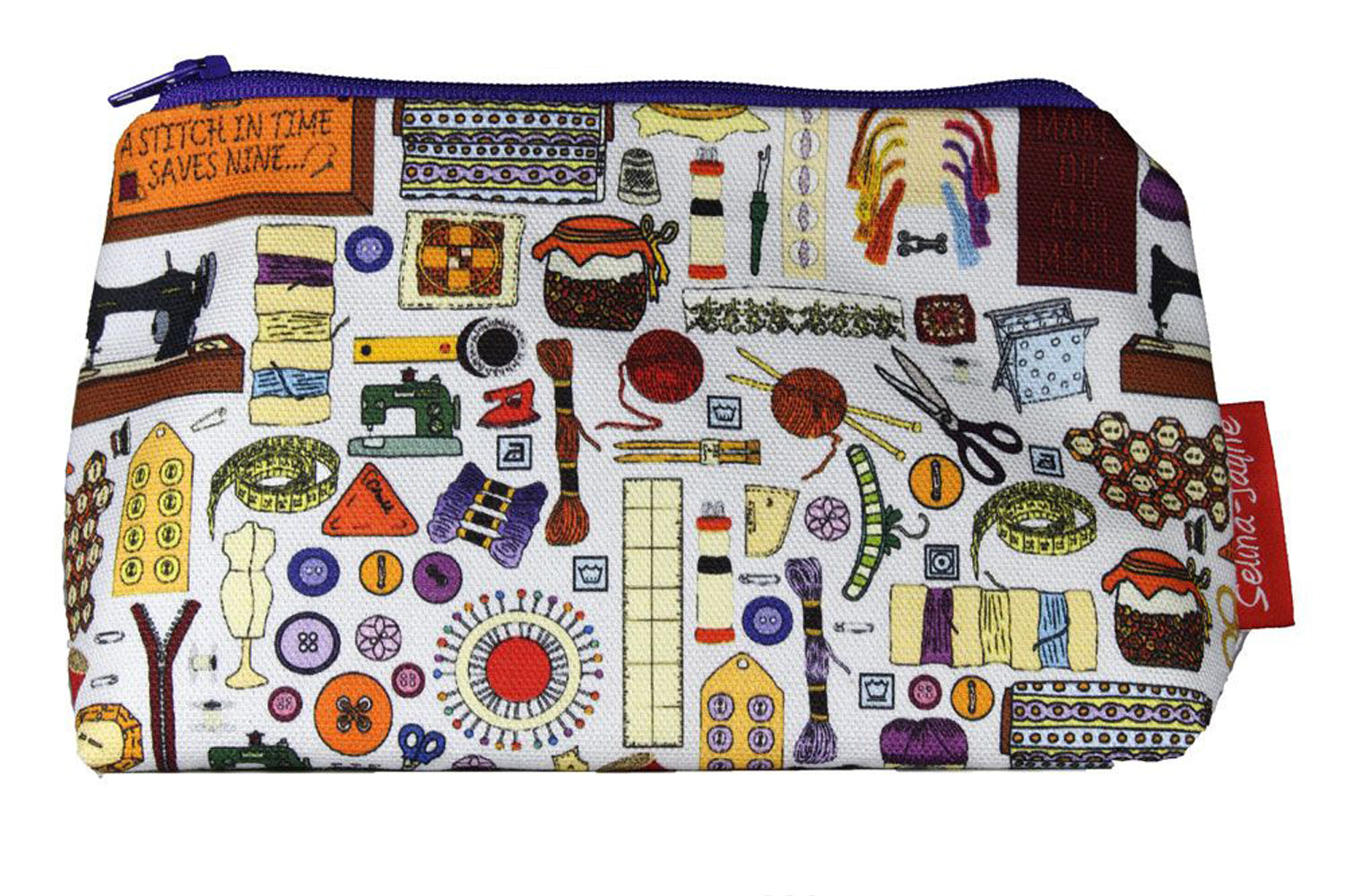 Premium Haberdashery makeup bag featuring wipe-clean lining and colourfast HD print, perfect sewing gift