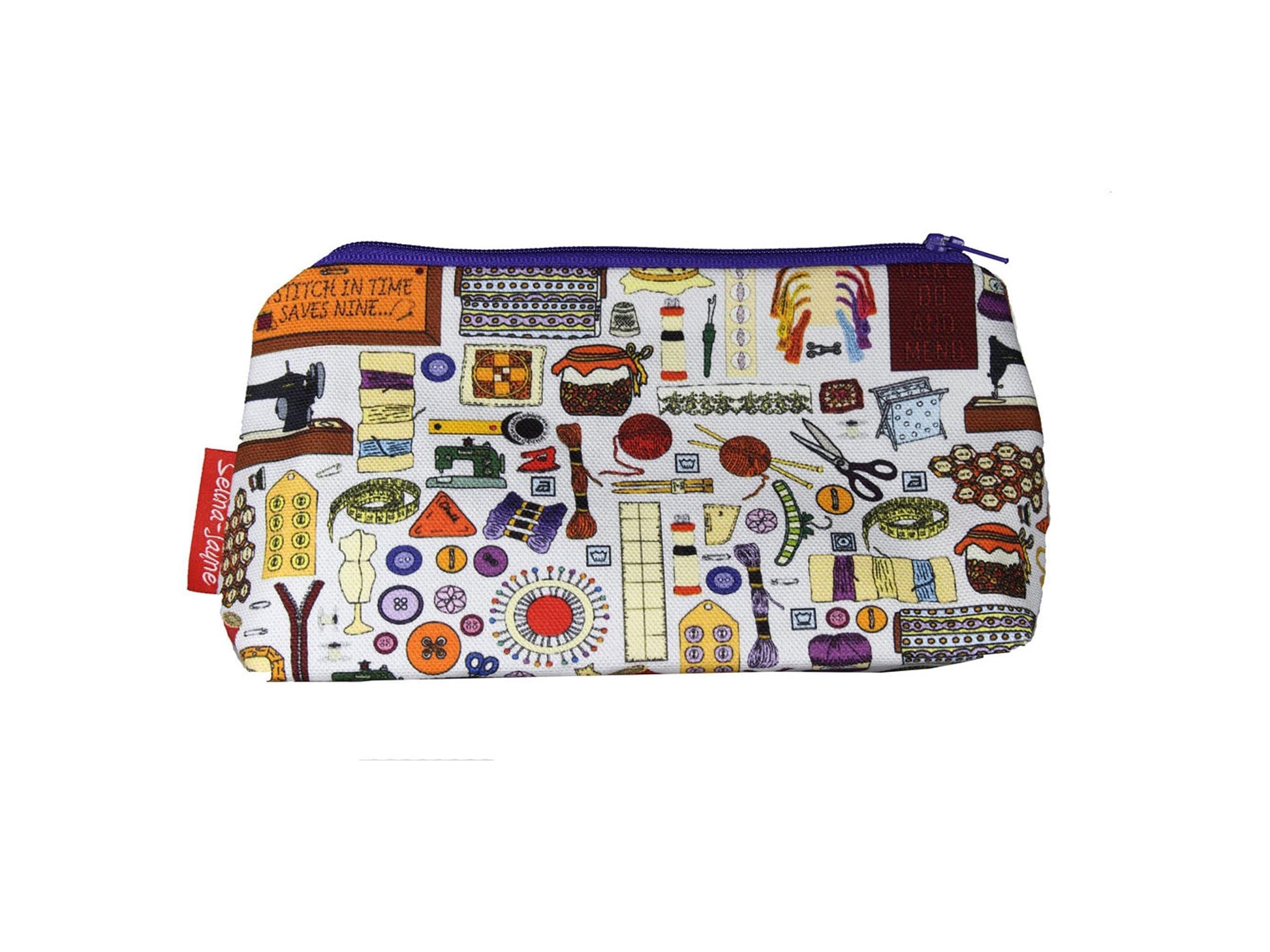 Haberdashery cosmetic bag with sewing-themed illustration on durable polyester fabric with colour-coordinated zipper