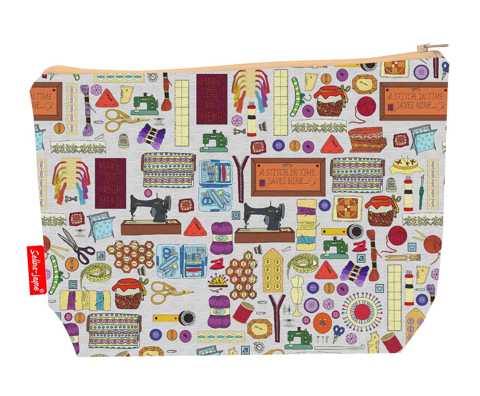 Haberdashery toiletry bag with sewing design showing washable lining and zip detail