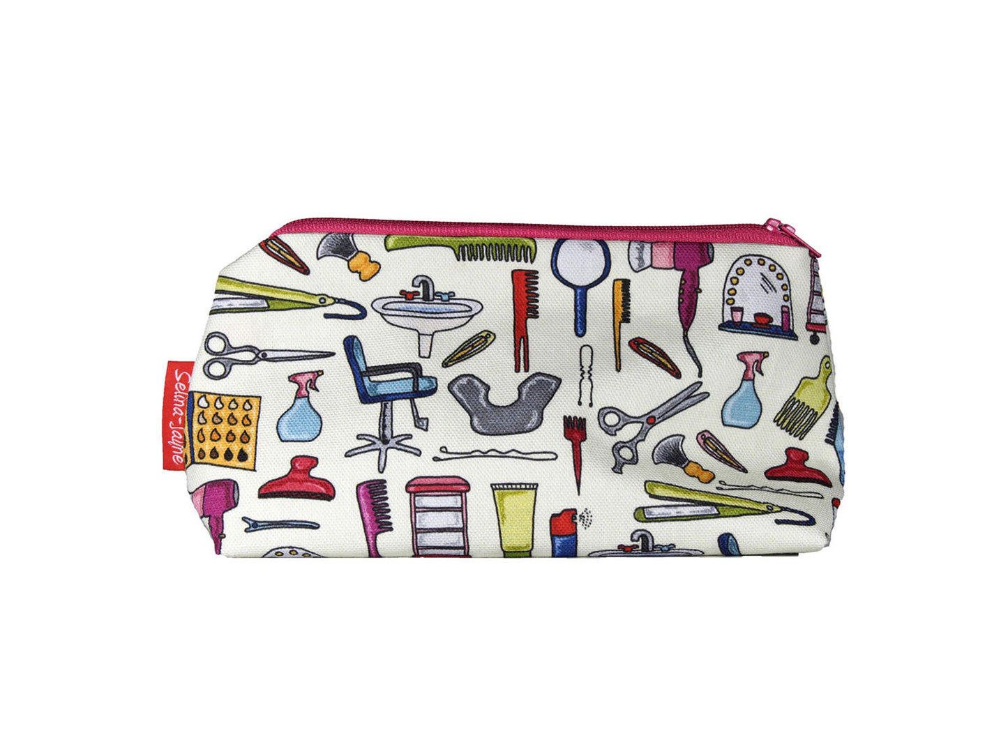Hairdressing cosmetic bag with salon professional illustration on durable polyester fabric with colour-coordinated zipper