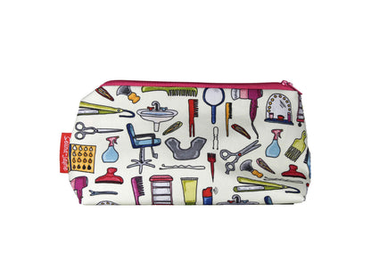 Hairdressing cosmetic bag with salon professional illustration on durable polyester fabric with colour-coordinated zipper