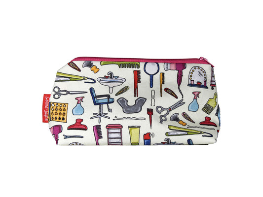 Hairdressing cosmetic bag with salon professional illustration on durable polyester fabric with colour-coordinated zipper