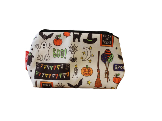 Halloween cosmetic bag with spooky festive illustration on durable polyester fabric with colour-coordinated zipper