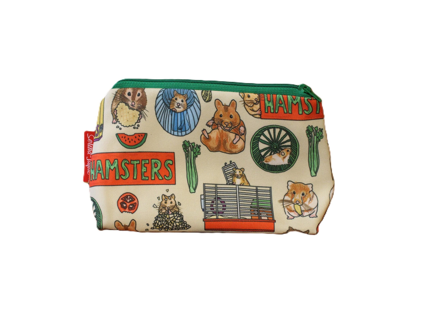Hamsters cosmetic bag with adorable pet illustration on durable polyester fabric with colour-coordinated zipper
